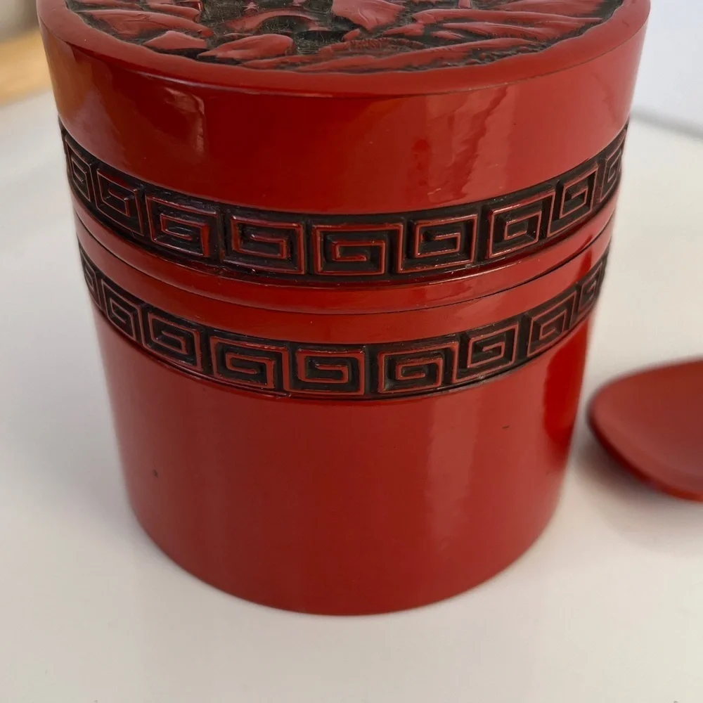 Vintage Chinese Cinnabar Lacquer Tea Caddy Jar with Spoon Red Carved Lid